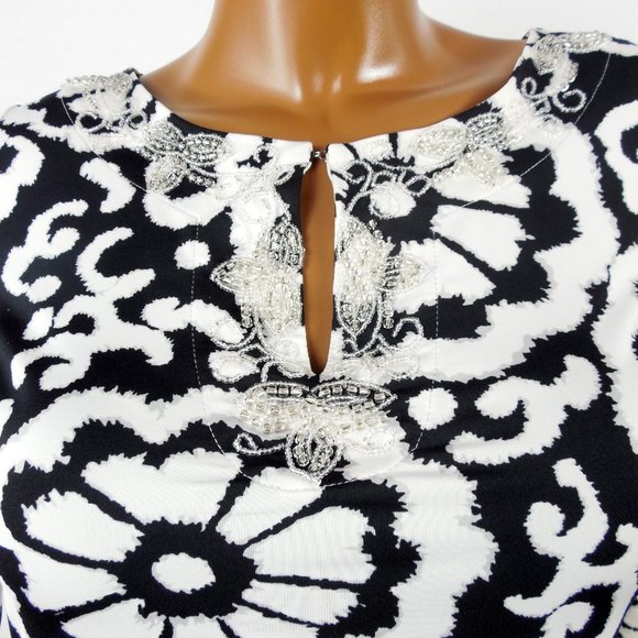INC Top M Tunic Shirt Black/White Print Beaded Keyhole Stretch Blouse 3/4 Sleeve - Picture 5 of 13